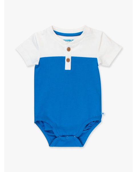 White & Blue Color Block Short Sleeve Knit Henley Bodysuit