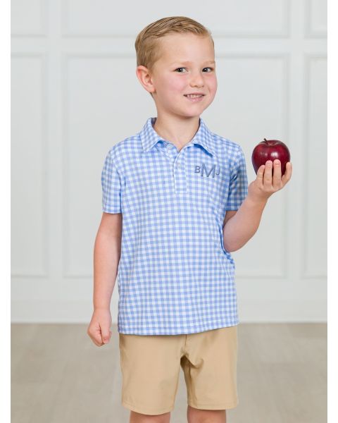 Classic Periwinkle Blue Gingham Knit Short Sleeve Performance Polo