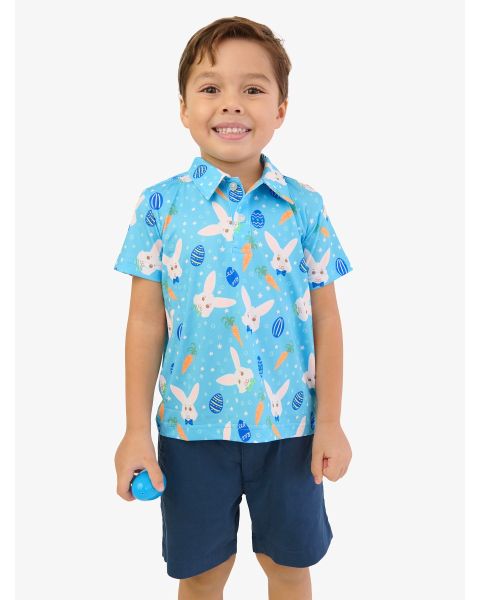 Blue Bow Tie Bunnies Knit Short Sleeve Performance Polo