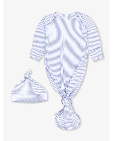 Periwinkle & White Micro Stripe Knotted Sleep Gown & Hat Set