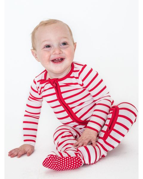Red & White Stripe One Piece Footie Pajamas, Modal Blend