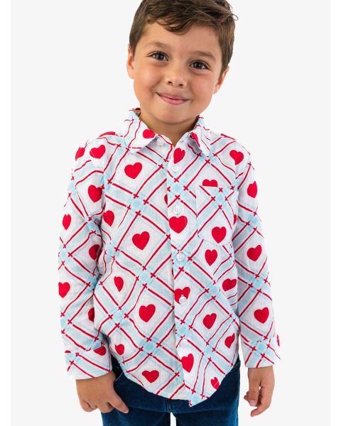 Blue Sweetheart Plaid Cotton Gauze Long Sleeve Button Down Shirt