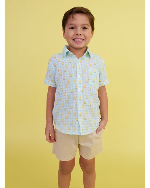 Chirping Chicks Gingham Cotton Gauze Short Sleeve Button Down Shirt