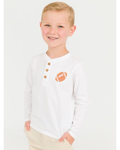 Football White Knit Long Sleeve Embroidered Henley Tee