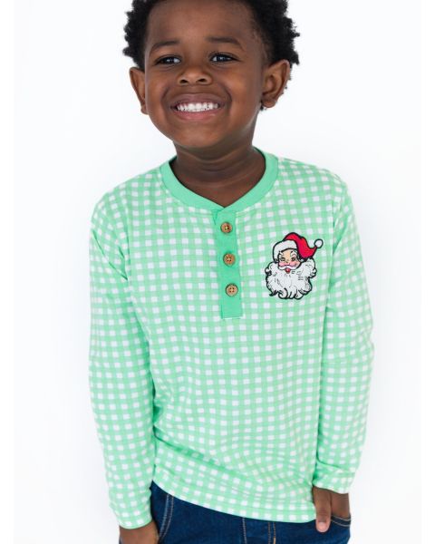 Dear Santa Green Gingham Knit Long Sleeve Embroidered Henley Tee
