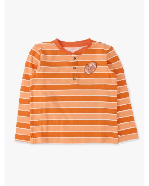 Varsity Orange Football Stripe Knit Long Sleeve Embroidered Henley Tee