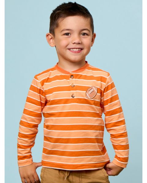 Varsity Orange Football Stripe Knit Long Sleeve Embroidered Henley Tee