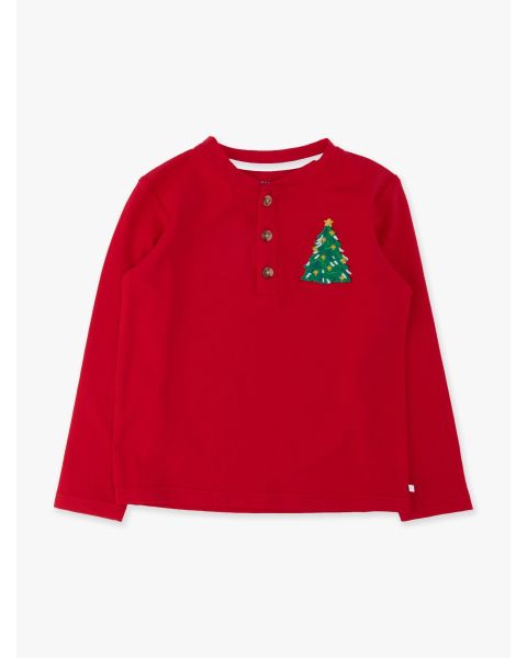 Christmas Tree Red Knit Long Sleeve Embroidered Henley Tee