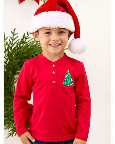 Christmas Tree Red Knit Long Sleeve Embroidered Henley Tee