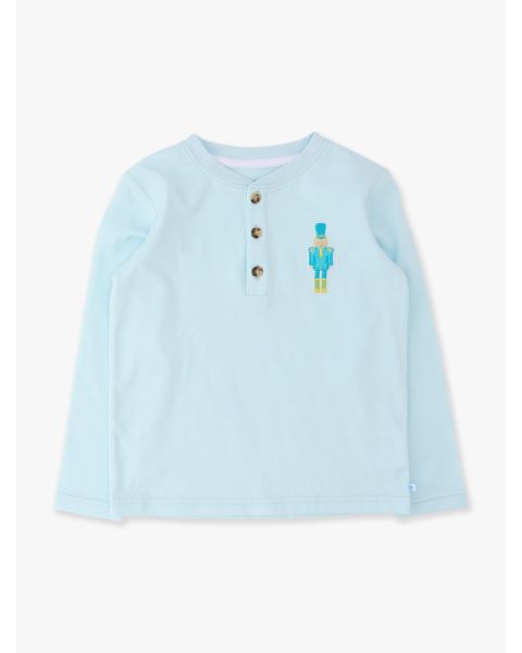 Little Nutcracker Blue Knit Long Sleeve Embroidered Henley Tee