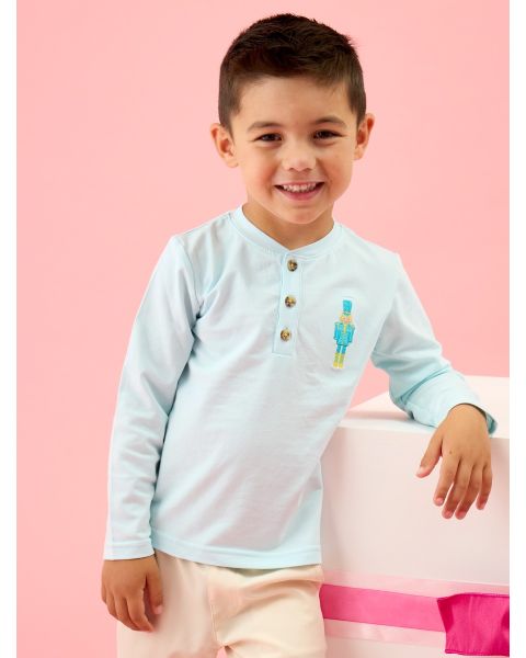 Little Nutcracker Blue Knit Long Sleeve Embroidered Henley Tee