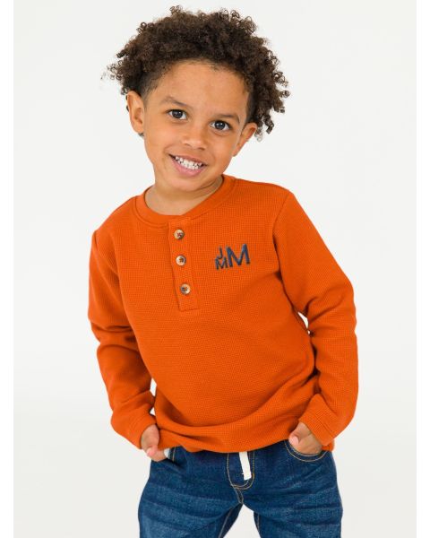 Rust Waffle Knit Long Sleeve Henley Tee