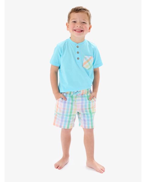 Blue Breeze & Poppy Rainbow Plaid Shirt Pocket & Pull-on Short Set