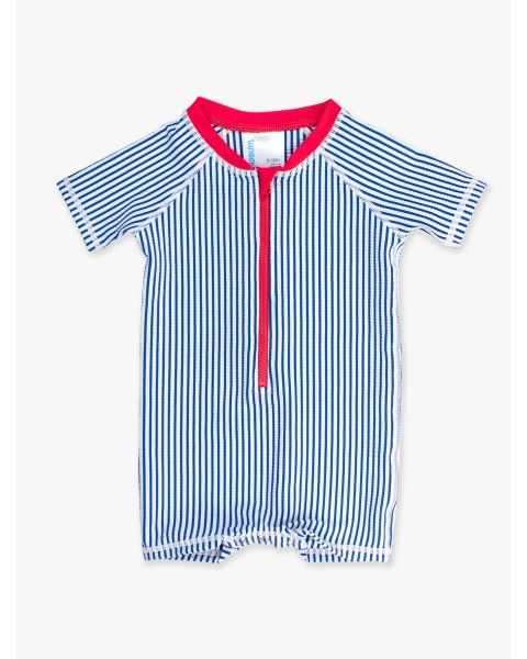 Blue Seersucker Short Sleeve One Piece Rash Guard Swimsuit