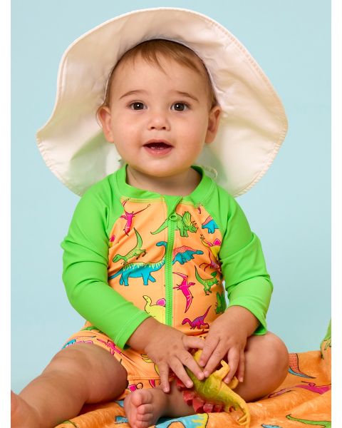 Neon Dino Long Sleeve One Piece Rash Guard Swimsuit