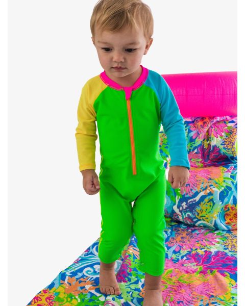Neon Color Block Full Length Long Sleeve Rash Guard One Piece Swimsuit