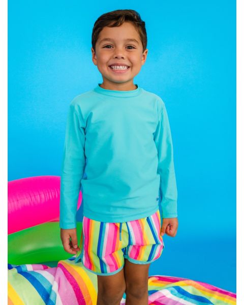 Neon Rainbow Stripe Performance Hybrid Dolphin Hem Swim Trunks