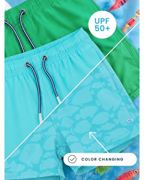 Bright Aqua Fish Squad Color Changing Performance Hybrid Swim Trunks