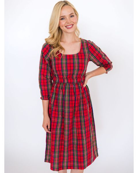 Red Nicholas Plaid Women's 3/4 Puff Sleeve Tiered Midi Dress
