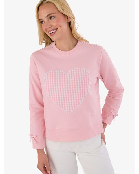 Heart Pink Gingham Women's Applique Ruffle Bow Sweatshirt