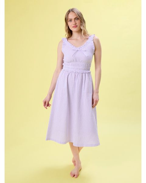 Wisteria Purple Signature Seersucker Women's Seersucker Smocked Ruffle Bow Midi Dress