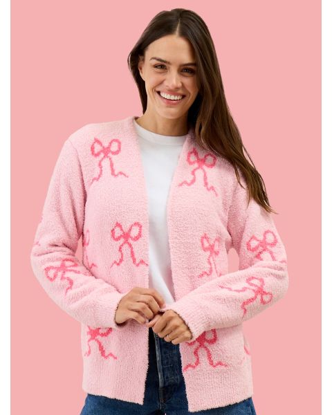 Hot Pink Bows Women's Cozy Sweater Knit Open Cardigan