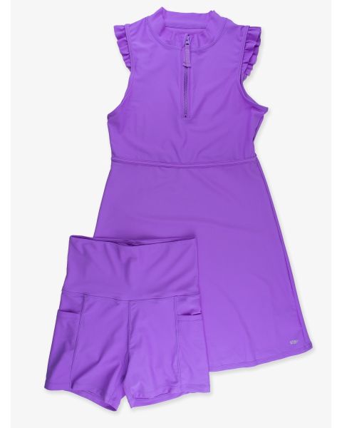 Neon Purple Women's Active Sleeveless Zip Ruffle Sleeve Dress & Bike Short Set