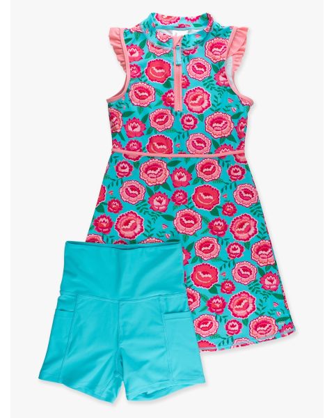 Bright Blossoms Women's Active Sleeveless Zip Ruffle Sleeve Dress & Bike Short Set