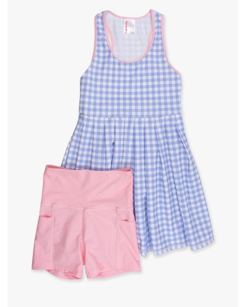 Periwinkle Blue Gingham Women's Active Dress & Bike Short Set