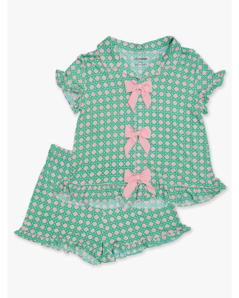 Pink Coastal Cane Women's Short Sleeve Bow Ruffle Pajama Set, Bamboo Viscose