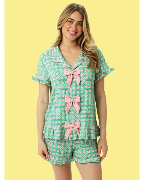 Pink Coastal Cane Women's Short Sleeve Bow Ruffle Pajama Set, Bamboo Viscose