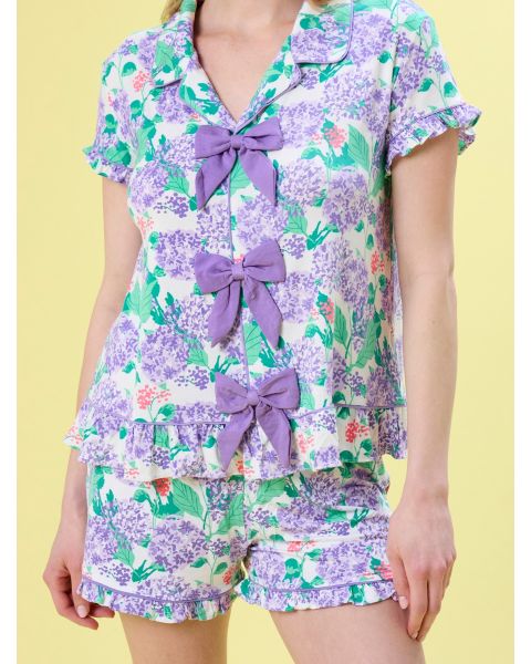 Purple Hydrangea Garden Women's Short Sleeve Bow Ruffle Pajama Set, Bamboo Viscose