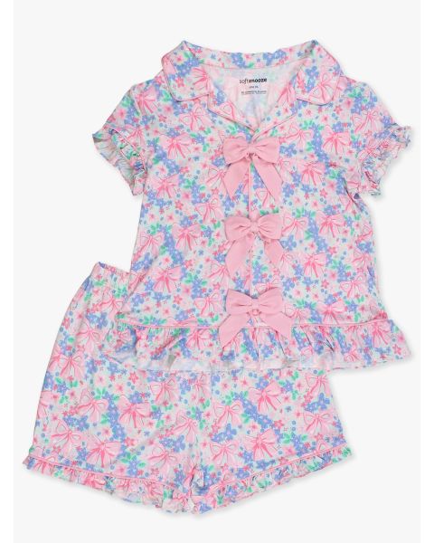Bow Blooms Women's Short Sleeve Bow Ruffle Pajama Set, Bamboo Viscose