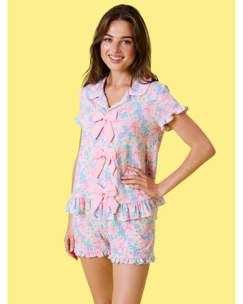 Bow Blooms Women's Short Sleeve Bow Ruffle Pajama Set, Bamboo Viscose