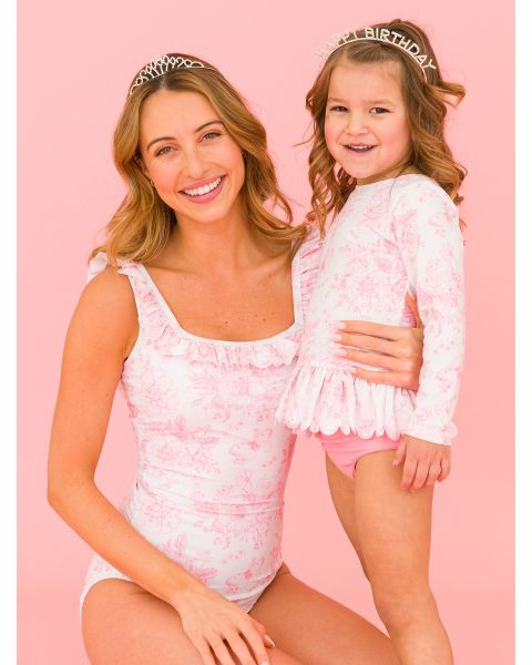 Bubblegum Pink Butterfly Garden Toile Women's Ruffle One Piece