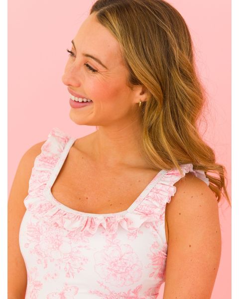 Bubblegum Pink Butterfly Garden Toile Women's Ruffle One Piece
