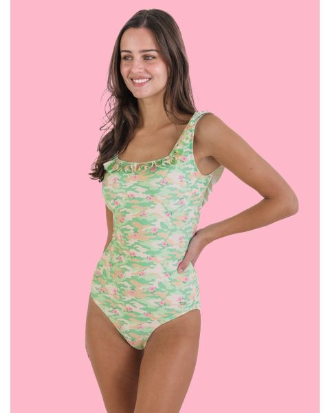 Sage Blossom Camo Women's Ruffle One Piece Swimsuit