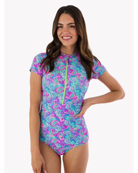 Neon Paisley Pop Women's Quarter Zip Short Sleeve One Piece Rash Guard Swimsuit