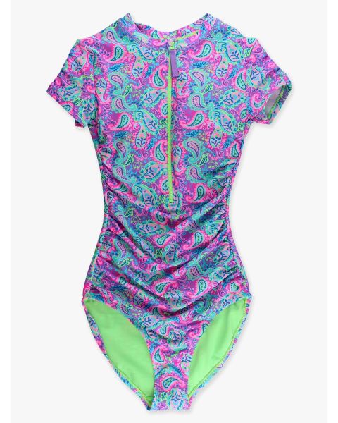 Neon Paisley Pop Women's Quarter Zip Short Sleeve One Piece Rash Guard Swimsuit