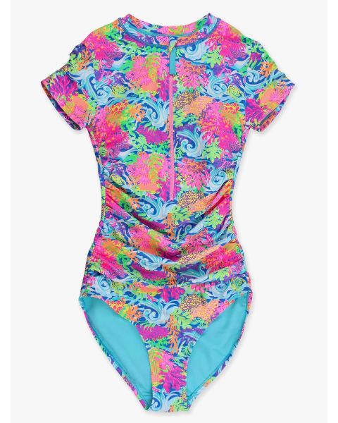 Neon Ocean Coral Women's Quarter Zip Short Sleeve One Piece Rash Guard Swimsuit