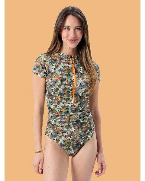 Classic Camo Women's Quarter Zip Short Sleeve One Piece Rash Guard Swimsuit