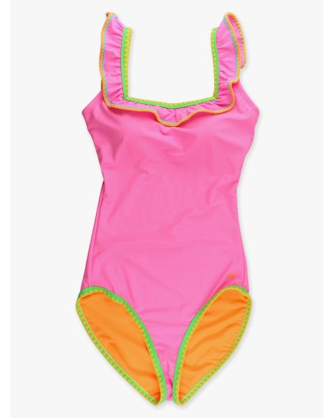 Neon Pink Women's Crochet Ruffle One Piece Swimsuit