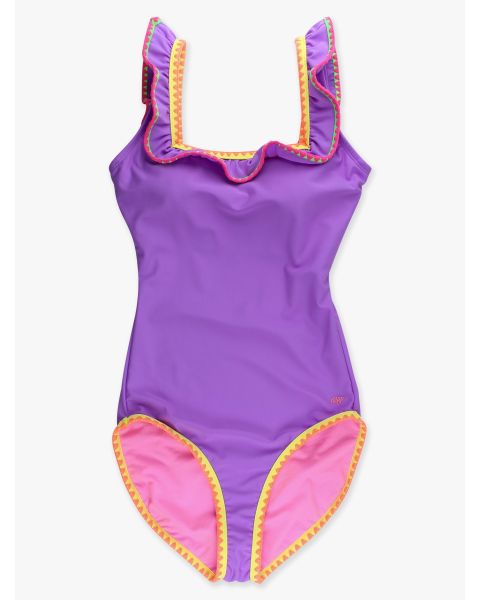 Neon Purple Women's Crochet Ruffle One Piece Swimsuit