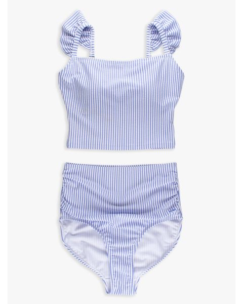 Periwinkle Blue Seersucker Women's Seersucker Ruffle Two Piece Swimsuit