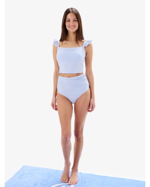 Periwinkle Blue Seersucker Women's Seersucker Ruffle Two Piece Swimsuit