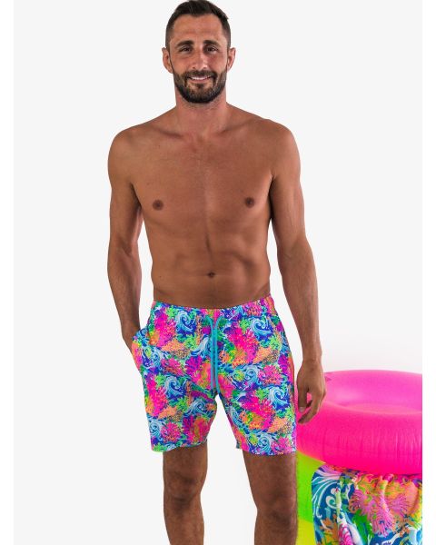 Neon Ocean Coral Men's Stretch Swim Trunks