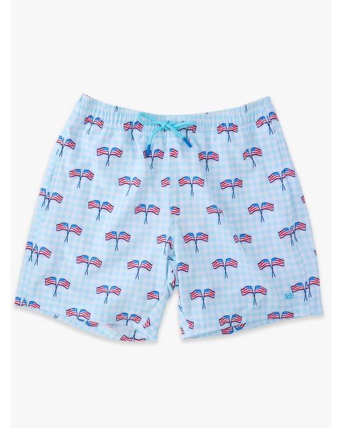 Blue Patriotic Gingham Men's Performance Hybrid Swim Trunks