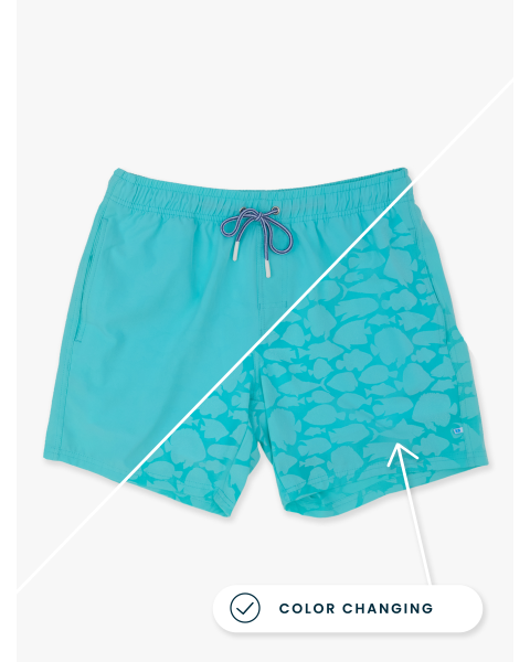 Bright Aqua Fish Squad Color Changing Men's Performance Hybrid Swim Trunks