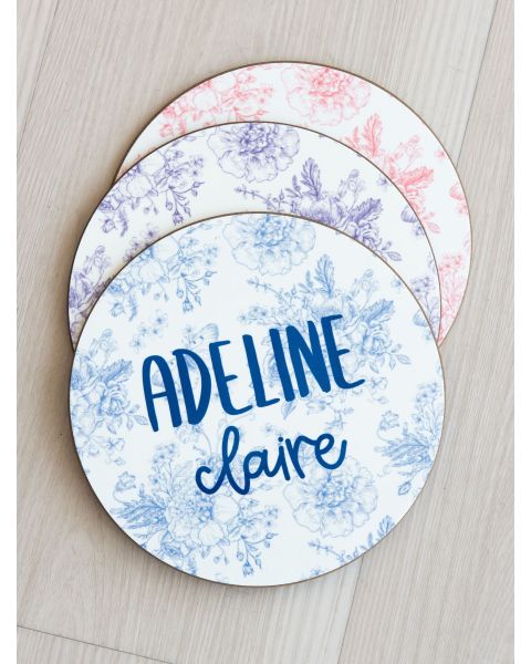 Periwinkle Blue Butterfly Garden Toile Printed Personalized Baby Name Sign - 6" Round