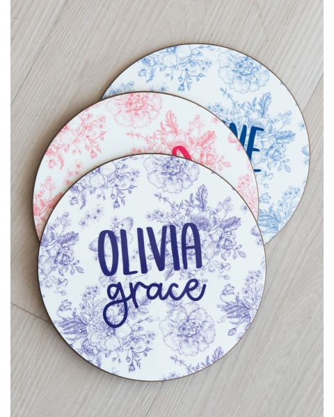 Wisteria Purple Butterfly Garden Toile Printed Personalized Baby Name Sign - 6" Round